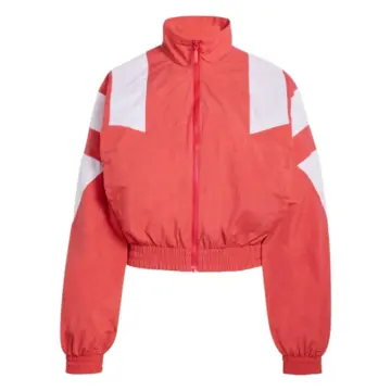 Coral and White Cropped Zip-Up Track Jacket