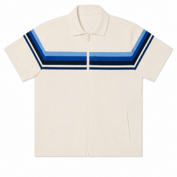 Off-White Relaxed Fit Polo Collar Zip Shirt with Navy and Light Blue Chevron Stripes