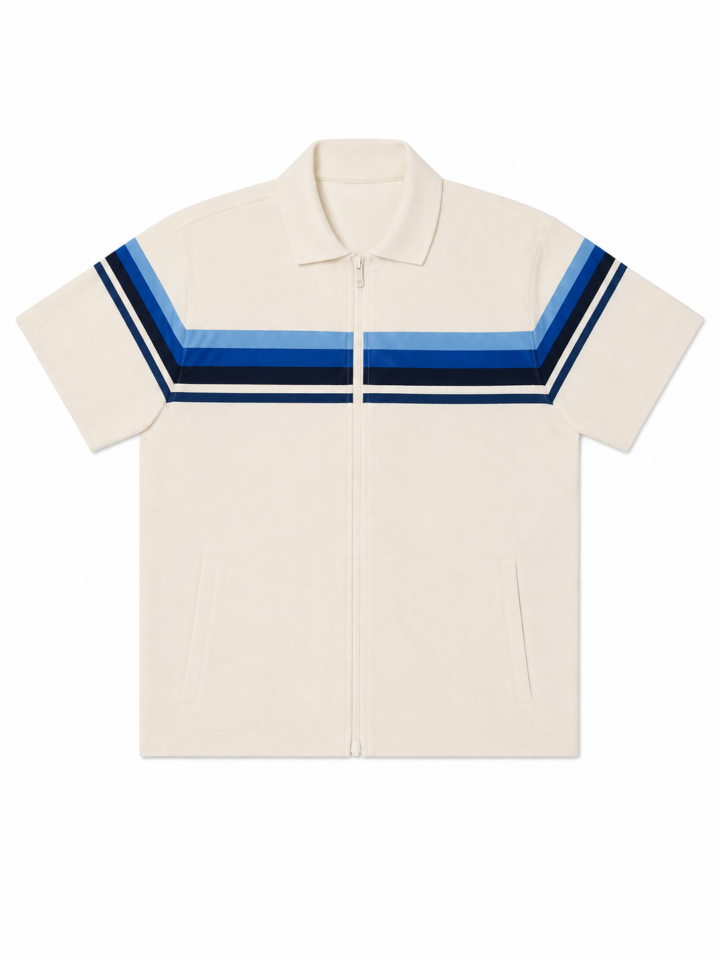 Off-White Relaxed Fit Polo Collar Zip Shirt with Navy and Light Blue Chevron Stripes