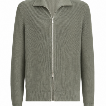 Sage Green Zip-Up Ribbed Knit Sweater with Pointed Collar