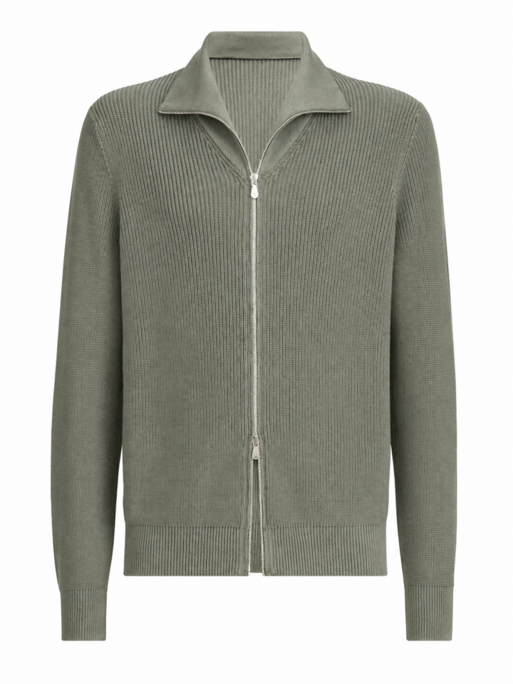 Sage Green Zip-Up Ribbed Knit Sweater with Pointed Collar