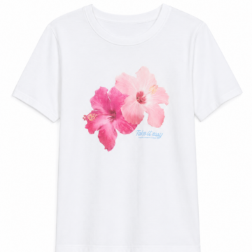 White Short-Sleeve T-Shirt with Hibiscus Graphic