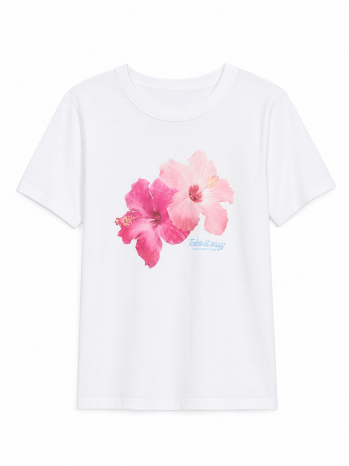 White Short-Sleeve T-Shirt with Hibiscus Graphic