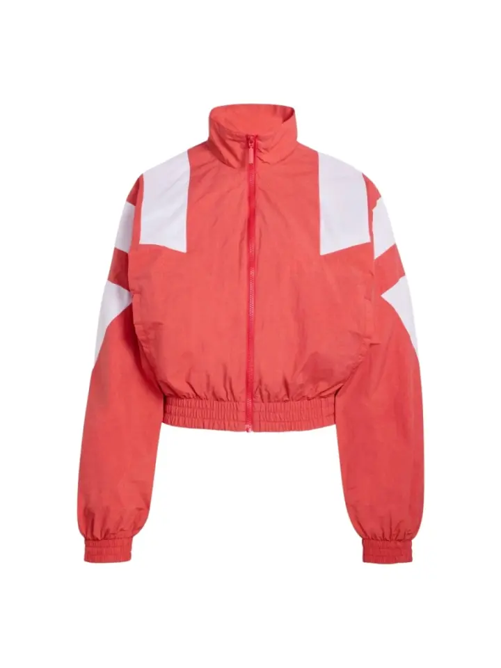 Coral and White Cropped Zip-Up Track Jacket