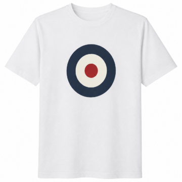 White Tee with Navy and Red Circular Graphic