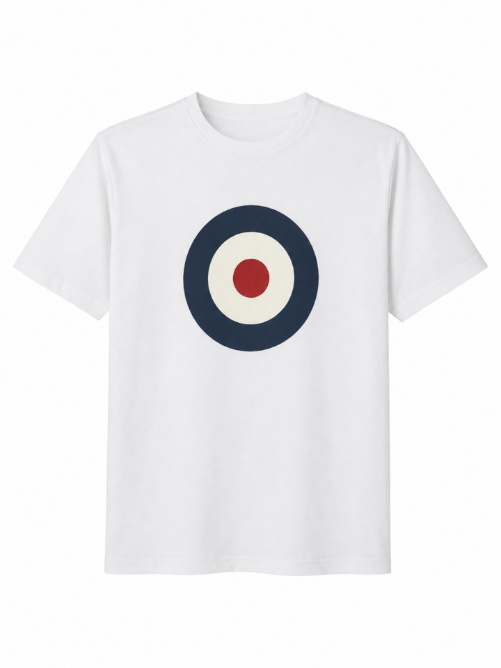 White Tee with Navy and Red Circular Graphic