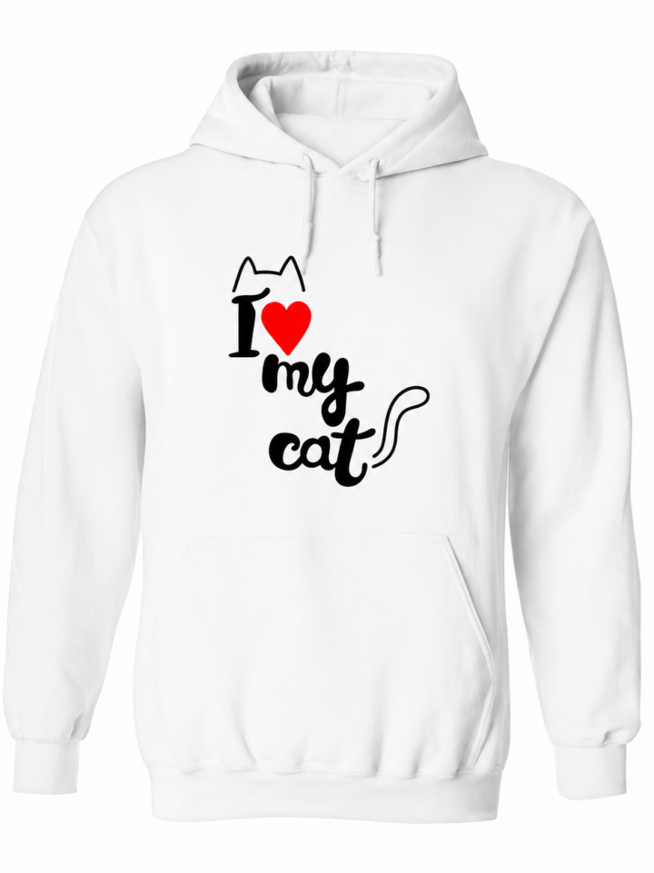 White Pullover Hoodie with 'I Love My Cat' Graphic