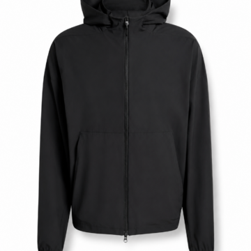 Black Relaxed Fit Full-Zip Hooded Jacket with High Collar