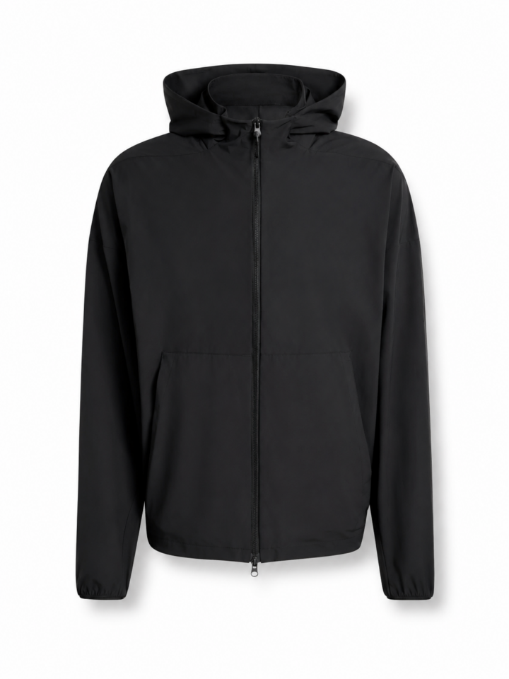 Black Relaxed Fit Full-Zip Hooded Jacket with High Collar