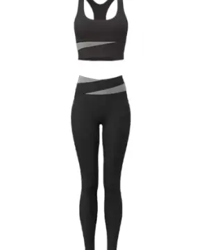 Black High-Waisted Sports Bra & Leggings Set with Grey Diagonal Panels