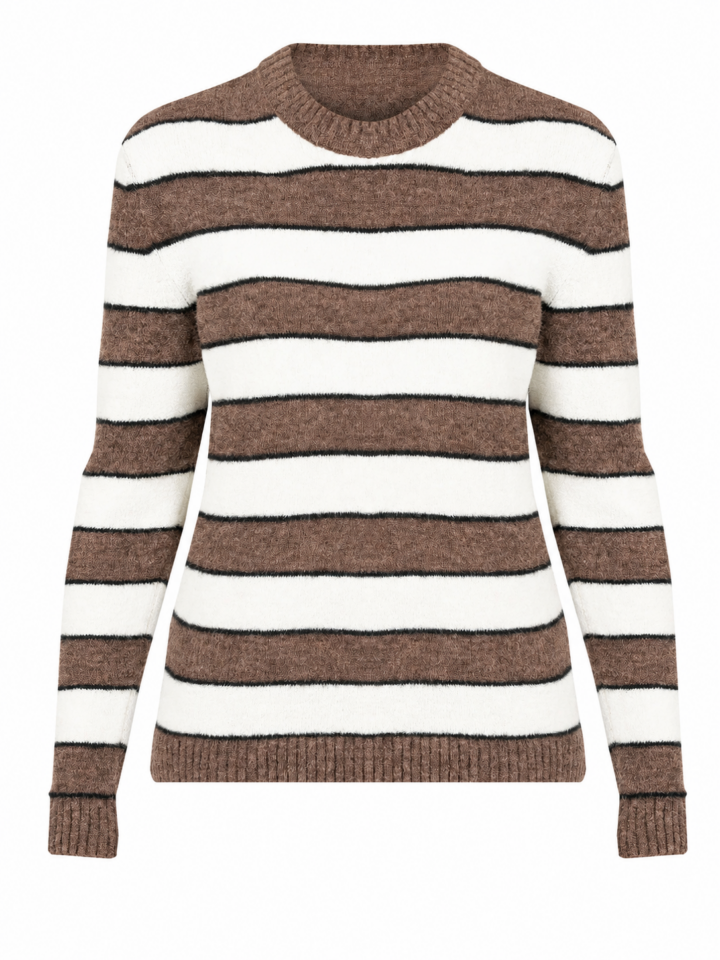 Brown and Off-White Striped Crew Neck Knit Sweater
