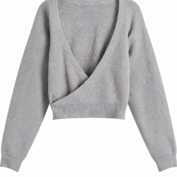 Heather Grey Wrap-Front Sweater with V-Neckline