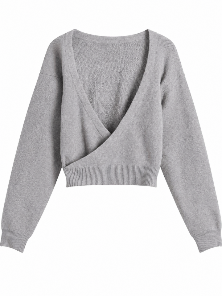 Heather Grey Wrap-Front Sweater with V-Neckline