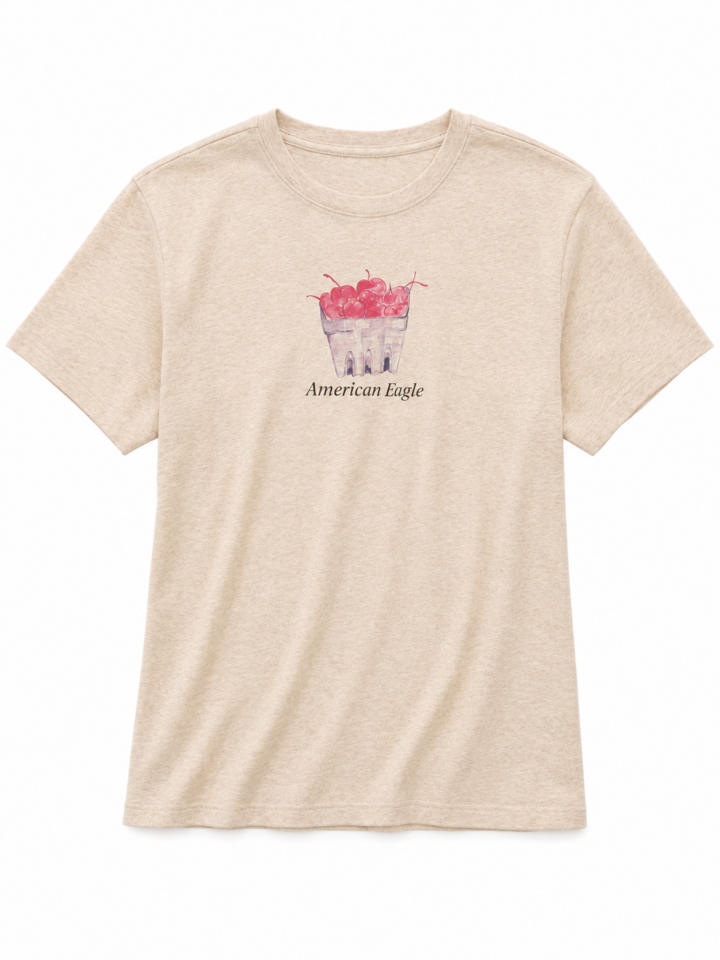 Light Beige Heathered T-Shirt with Cherry Graphic