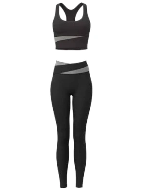 Black High-Waisted Sports Bra & Leggings Set with Grey Diagonal Panels