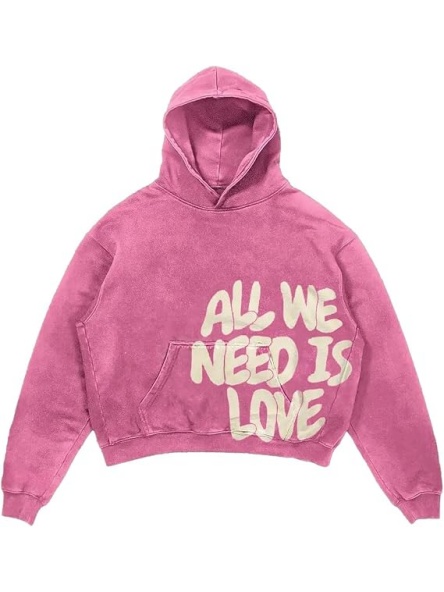 Washed Pink Cropped Relaxed Hoodie with Love Graphic
