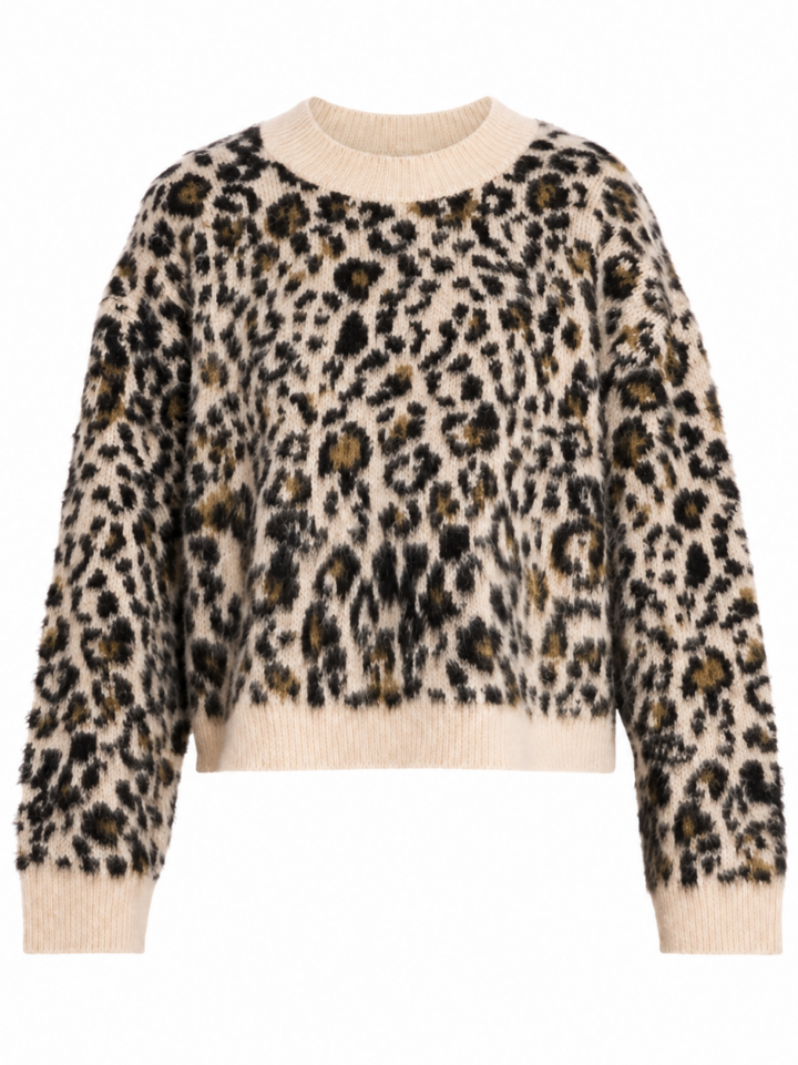 Cream Leopard Print Crewneck Sweater with Dropped Shoulders