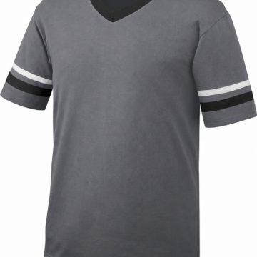 Grey Short-Sleeve V-Neck T-Shirt with Contrast Black Collar and Sleeve Stripes