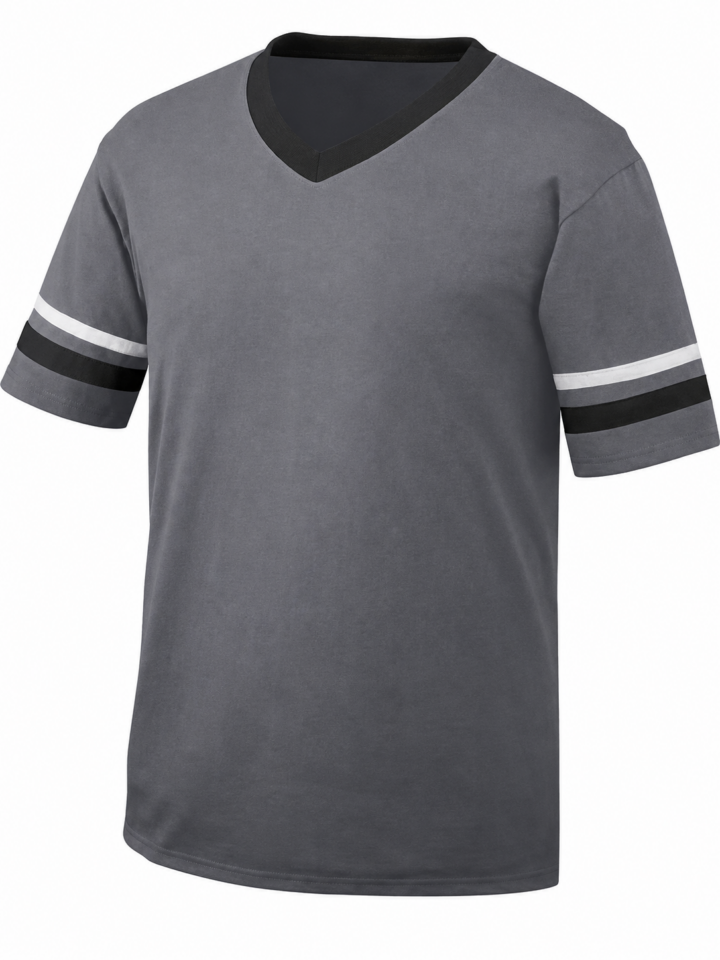 Grey Short-Sleeve V-Neck T-Shirt with Contrast Black Collar and Sleeve Stripes