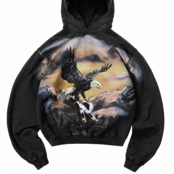 Black Graphic Pullover Hoodie with Eagle Print