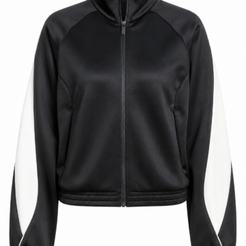 Black Track Jacket with White Sleeve Panels and Mock Collar