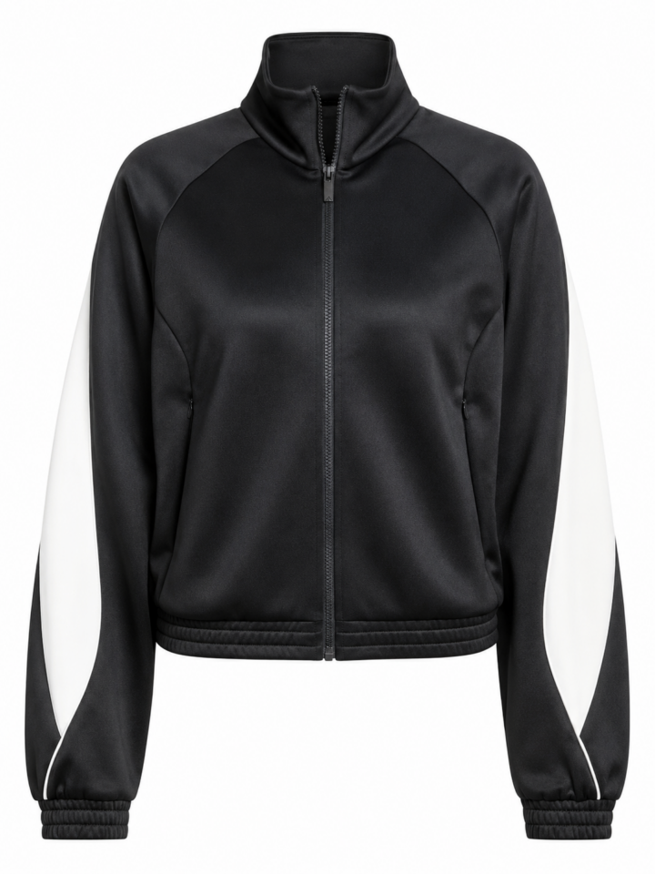 Black Track Jacket with White Sleeve Panels and Mock Collar