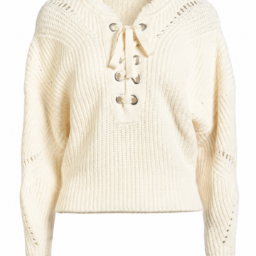 Cream Ribbed Knit Sweater with Lace-Up Neckline and Pointelle Details