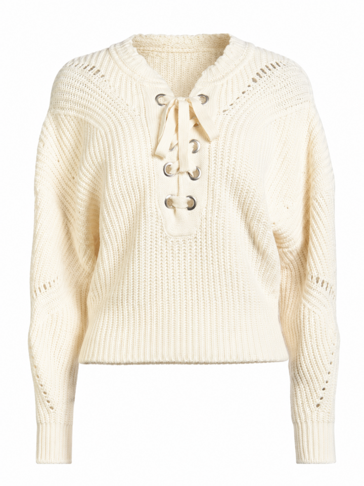 Cream Ribbed Knit Sweater with Lace-Up Neckline and Pointelle Details