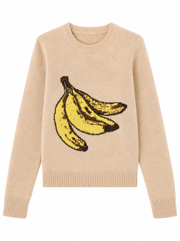 Beige Crew Neck Sweater with Banana Intarsia Graphic