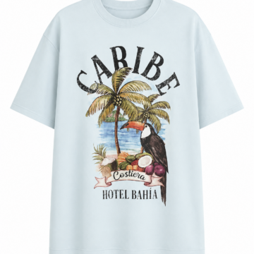 Light Blue Vintage Tropical Graphic Oversized T-Shirt