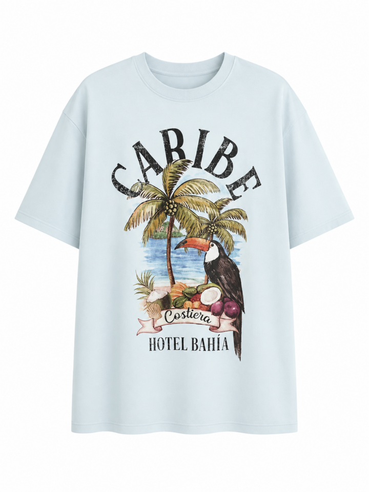 Light Blue Vintage Tropical Graphic Oversized T-Shirt