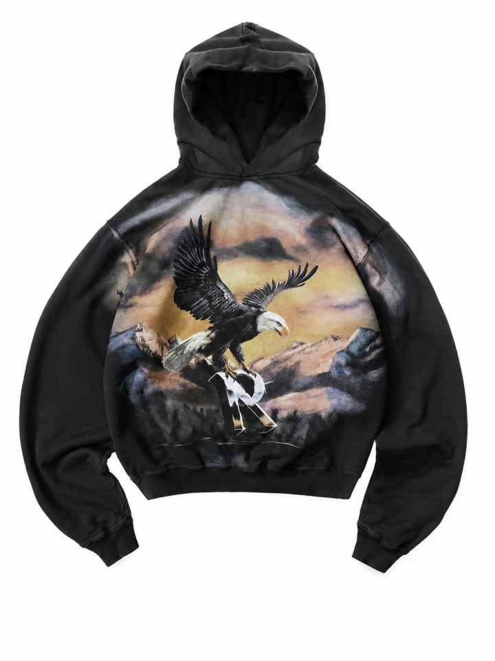Black Graphic Pullover Hoodie with Eagle Print