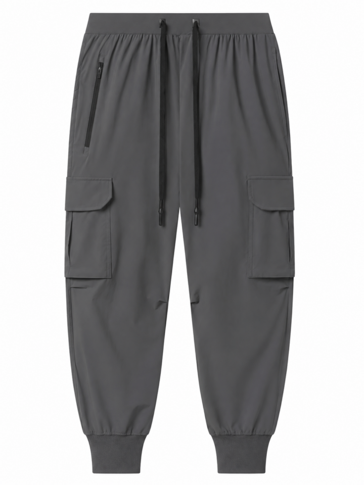 Grey Cargo Jogger Pants with Relaxed Tapered Fit and Elastic Cuffs