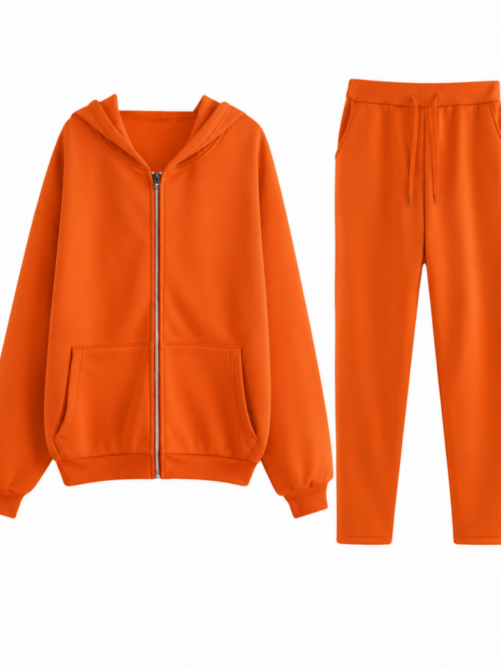 Orange Full-Zip Hoodie and Straight Leg Sweatpants Tracksuit