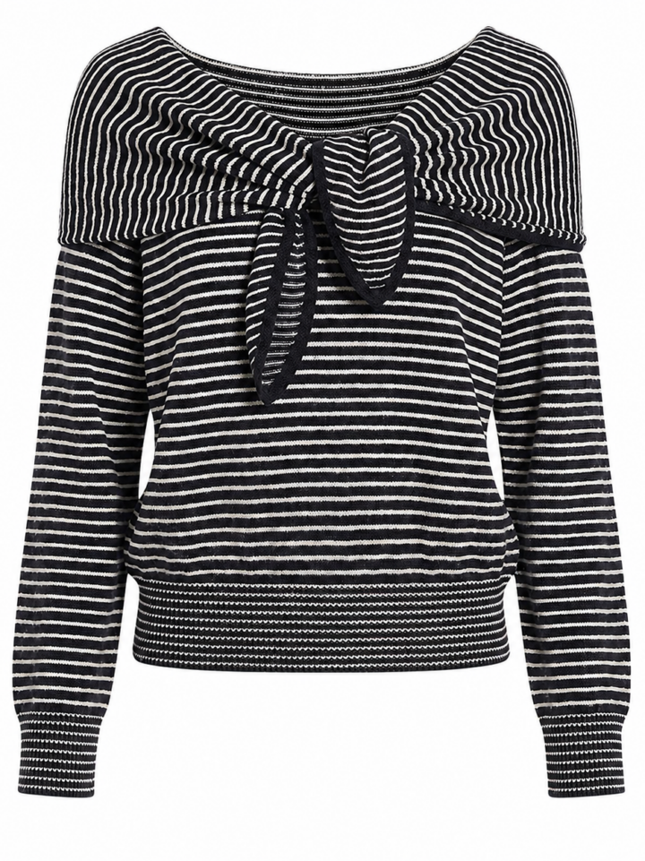 Black and White Striped Off-Shoulder Knit Sweater