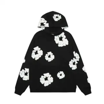 Black Oversized Floral Print Pullover Hoodie