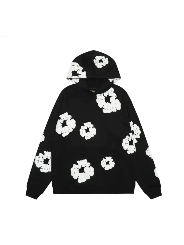 Black Oversized Floral Print Pullover Hoodie