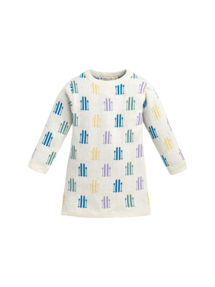 Cream Children's Knit Dress with Pastel Fence Pattern
