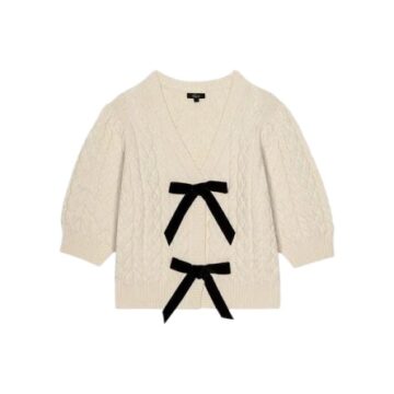 Cream Cable Knit Cardigan with Black Bows