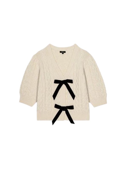 Cream Cable Knit Cardigan with Black Bows
