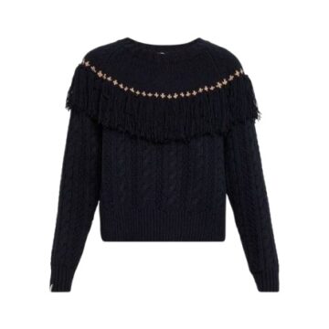Black Fringed Trim Studded Yoke Cable Knit Sweater