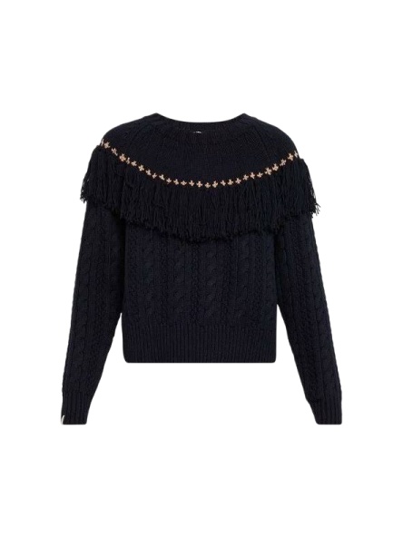 Black Fringed Trim Studded Yoke Cable Knit Sweater