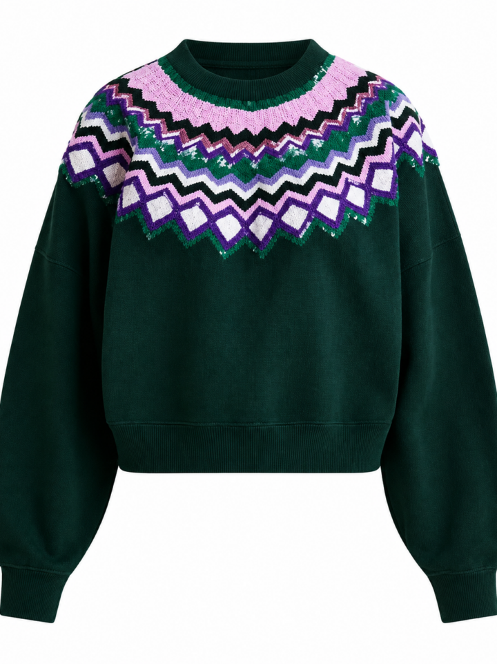 Dark Green Fair Isle Sweater with Balloon Sleeves