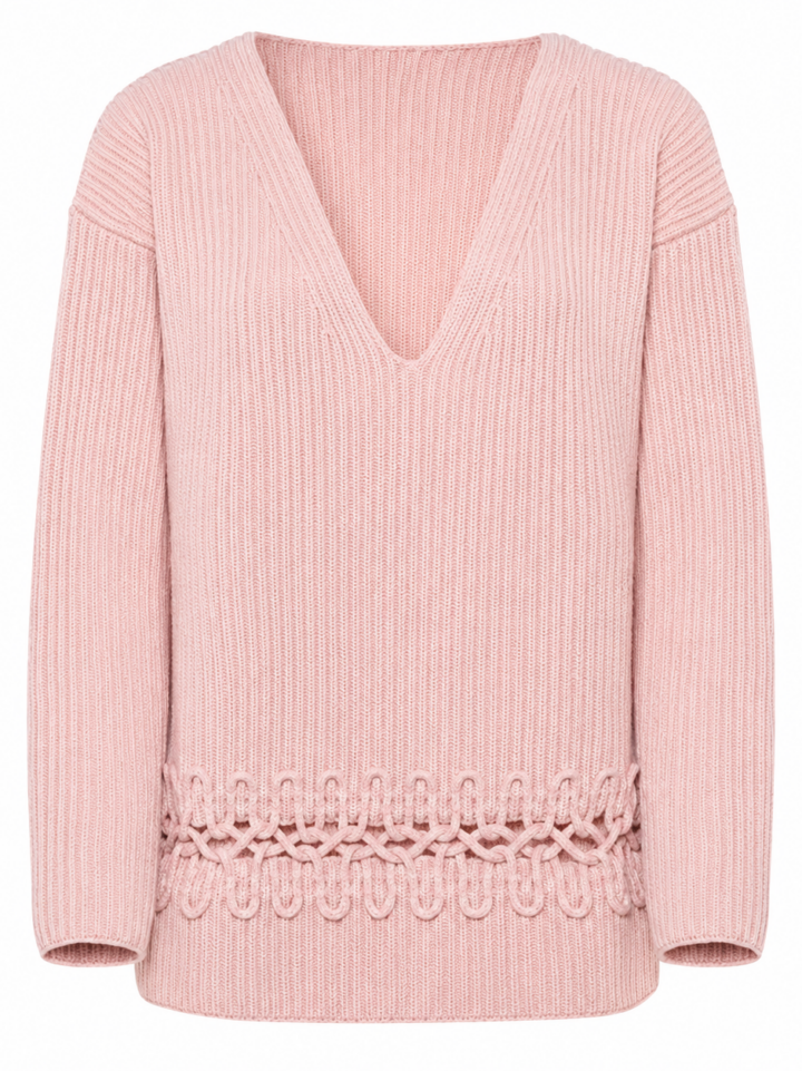 Light Pink V-Neck Ribbed Pullover Sweater