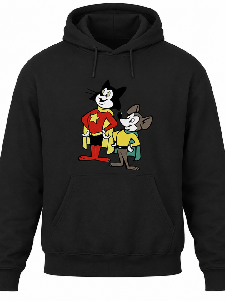 Black Superhero Cat and Mouse Graphic Hoodie