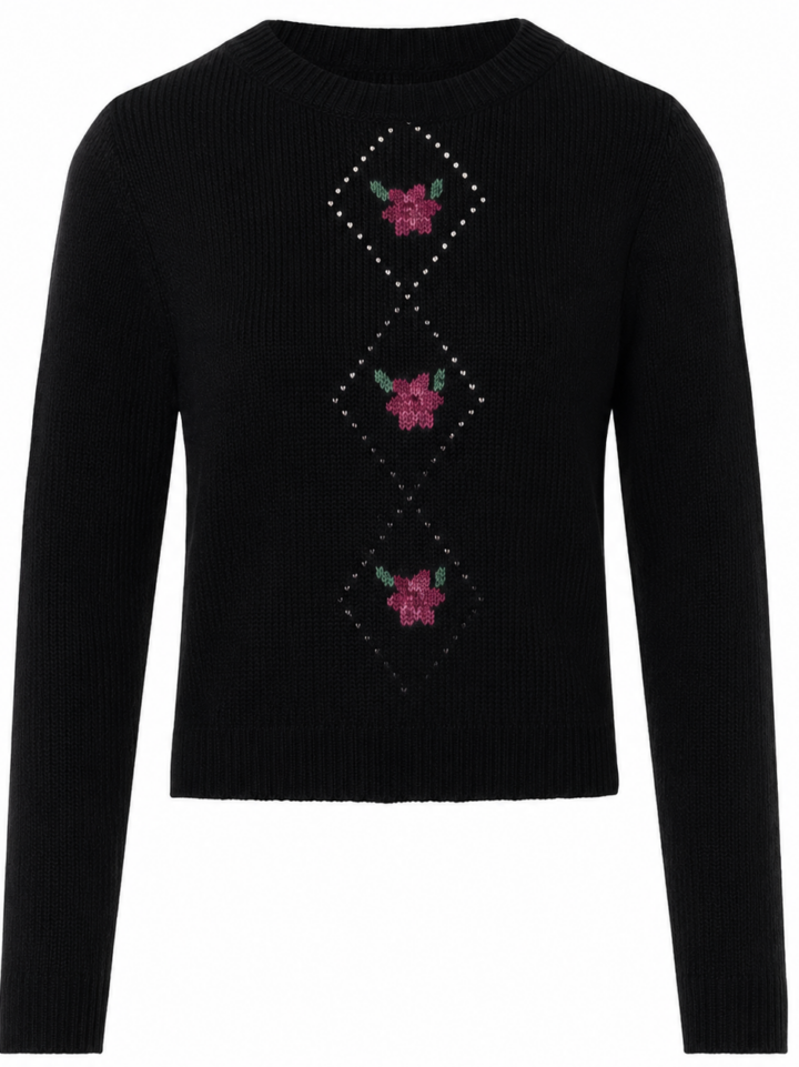 Black Floral Rhinestone Embellished Sweater