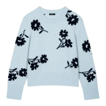 Light Blue Crewneck Sweater with Black Floral Pattern