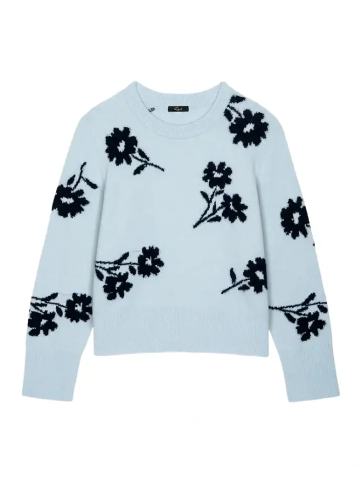 Light Blue Crewneck Sweater with Black Floral Pattern