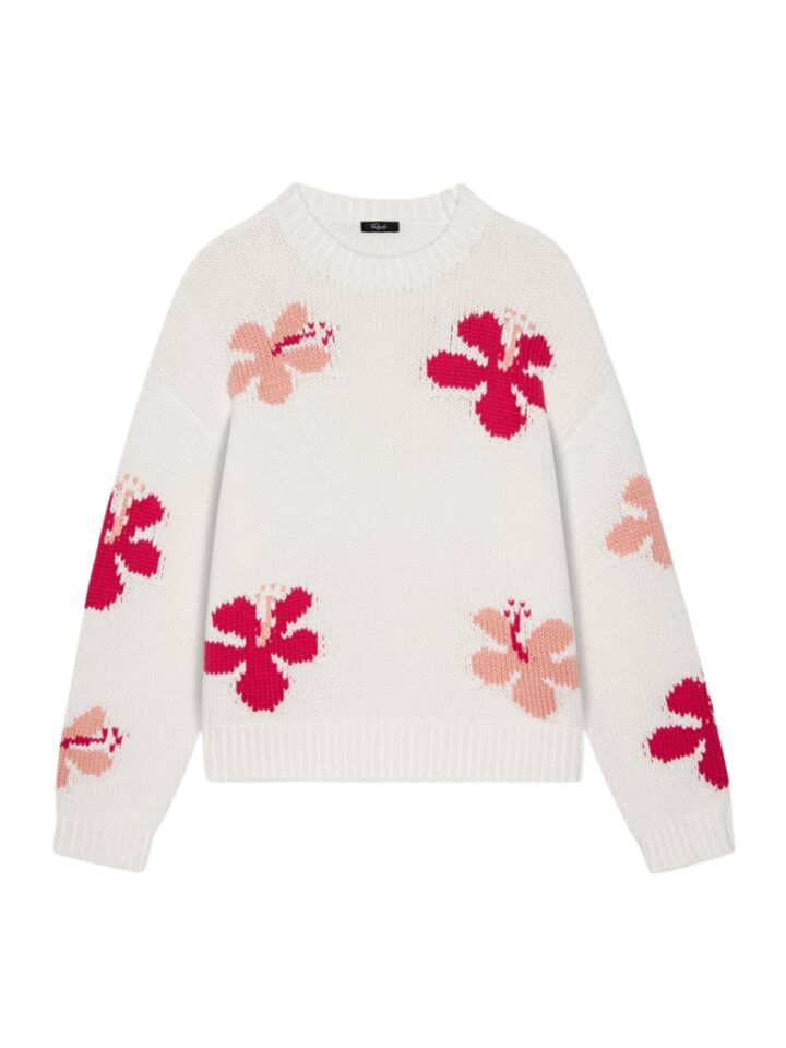 White Hibiscus Intarsia Knit Sweater Oversized