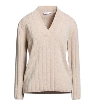 Light Beige Mock Collar Ribbed Knit Sweater